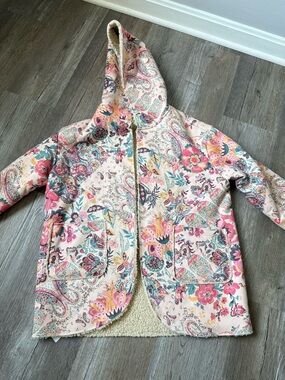 Boutique Floral Hooded Coat Teddy Sherpa Jacket Paisley Pink Multicolor Size S